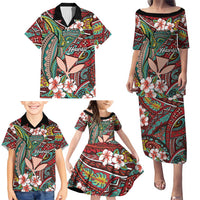 Personalised Hawaii Tribal Humpback Whale Family Matching Puletasi and Hawaiian Shirt Ulaula Hibiscus Seamless Pattern