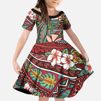 Personalised Hawaii Tribal Humpback Whale Family Matching Short Sleeve Bodycon Dress and Hawaiian Shirt Ulaula Hibiscus Seamless Pattern