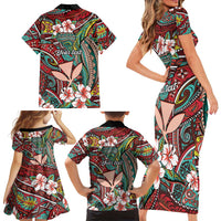 Personalised Hawaii Tribal Humpback Whale Family Matching Short Sleeve Bodycon Dress and Hawaiian Shirt Ulaula Hibiscus Seamless Pattern