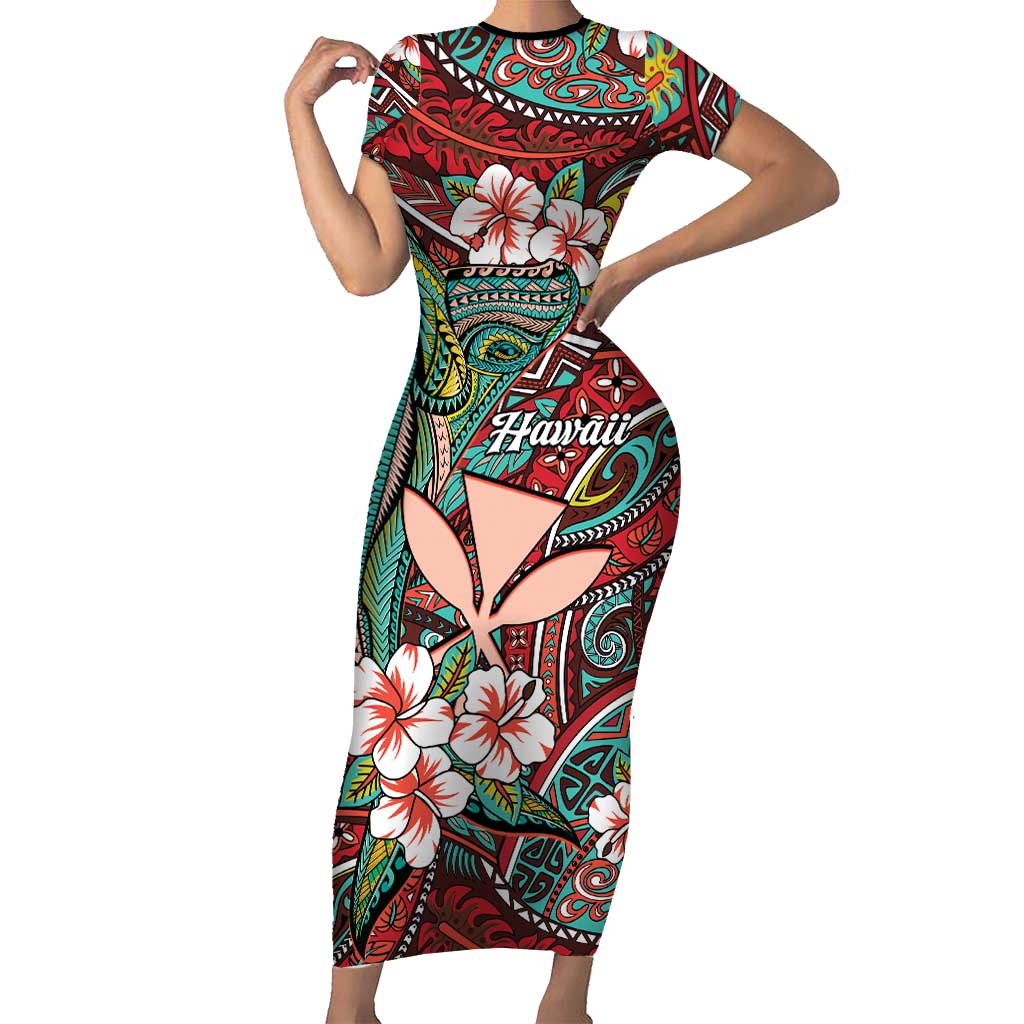 Personalised Hawaii Tribal Humpback Whale Family Matching Short Sleeve Bodycon Dress and Hawaiian Shirt Ulaula Hibiscus Seamless Pattern