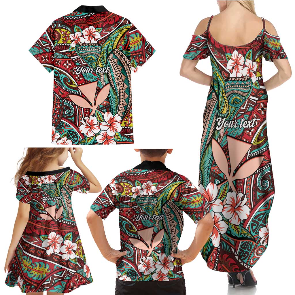 Personalised Hawaii Tribal Humpback Whale Family Matching Summer Maxi Dress and Hawaiian Shirt Ulaula Hibiscus Seamless Pattern