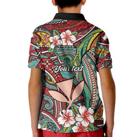 Personalised Hawaii Tribal Humpback Whale Kid Polo Shirt Ulaula Hibiscus Seamless Pattern