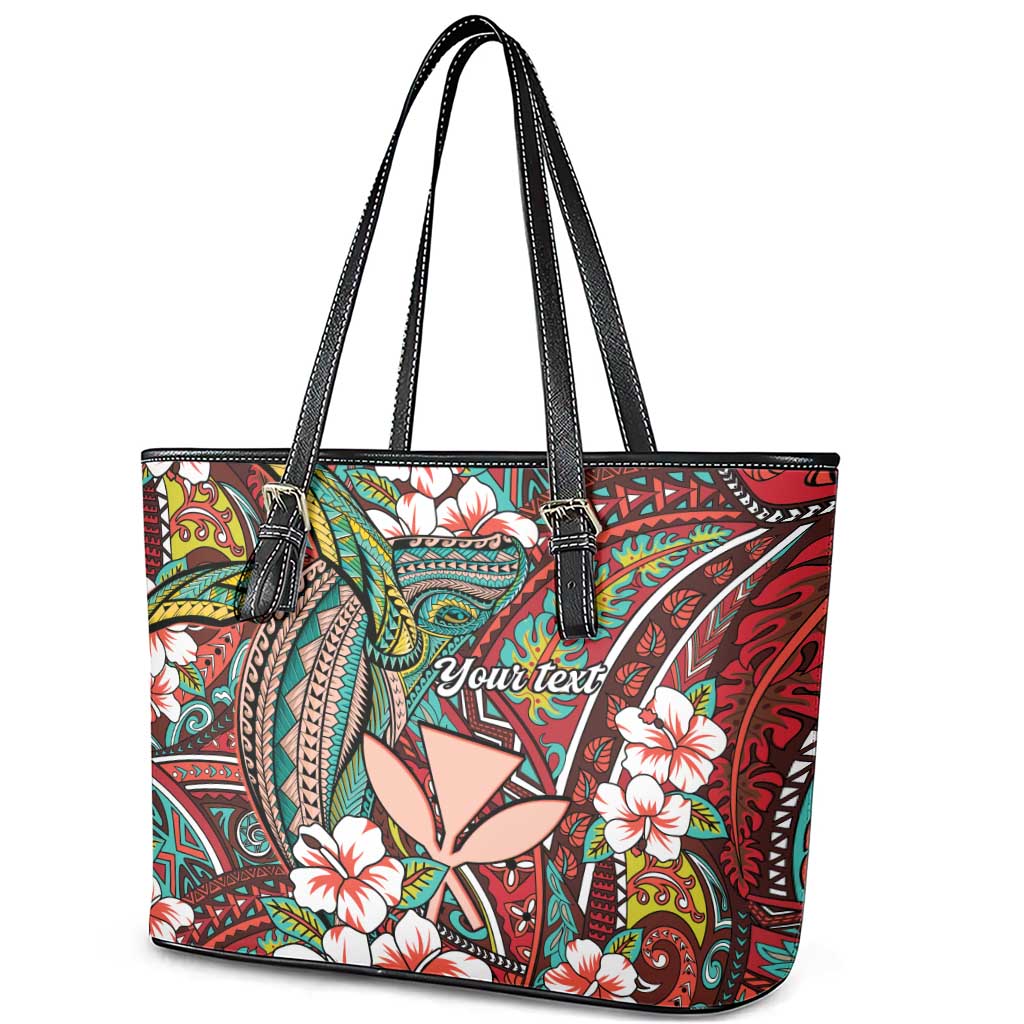 Personalised Hawaii Tribal Humpback Whale Leather Tote Bag Ulaula Hibiscus Seamless Pattern