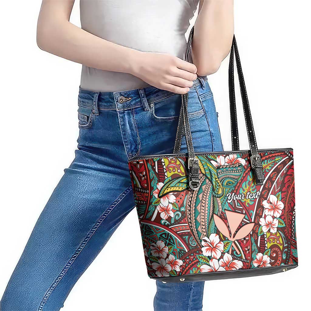 Personalised Hawaii Tribal Humpback Whale Leather Tote Bag Ulaula Hibiscus Seamless Pattern