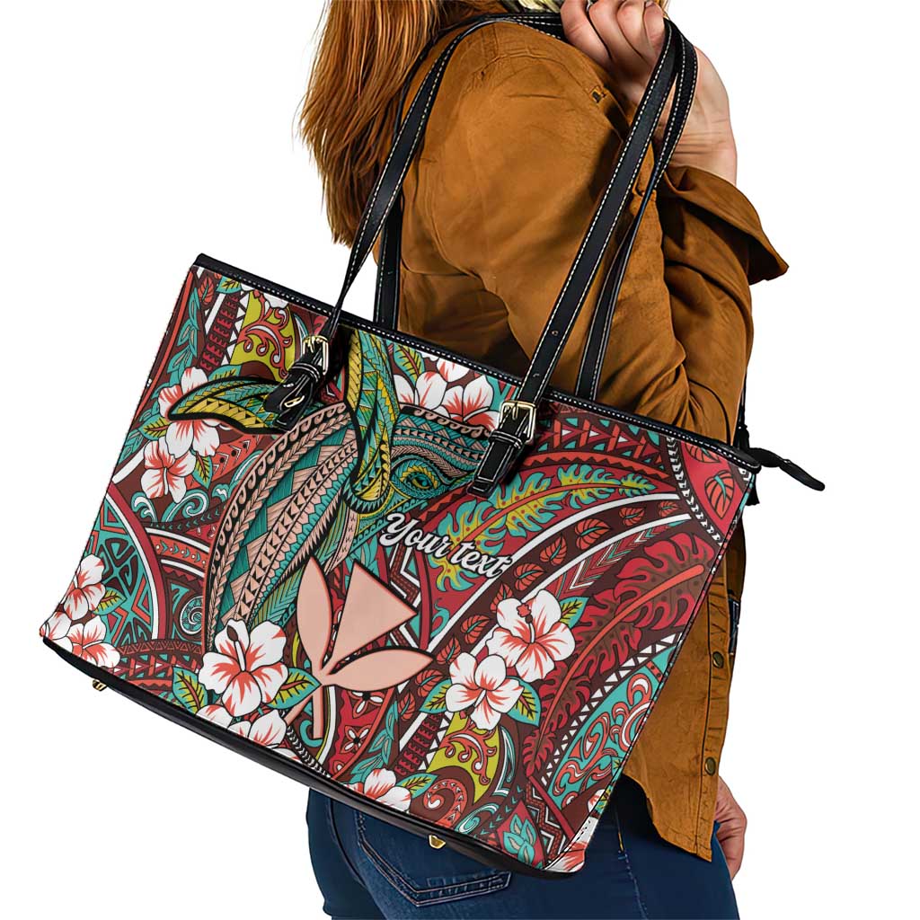 Personalised Hawaii Tribal Humpback Whale Leather Tote Bag Ulaula Hibiscus Seamless Pattern