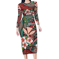 Personalised Hawaii Tribal Humpback Whale Long Sleeve Bodycon Dress Ulaula Hibiscus Seamless Pattern