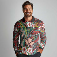 Personalised Hawaii Tribal Humpback Whale Long Sleeve Polo Shirt Ulaula Hibiscus Seamless Pattern