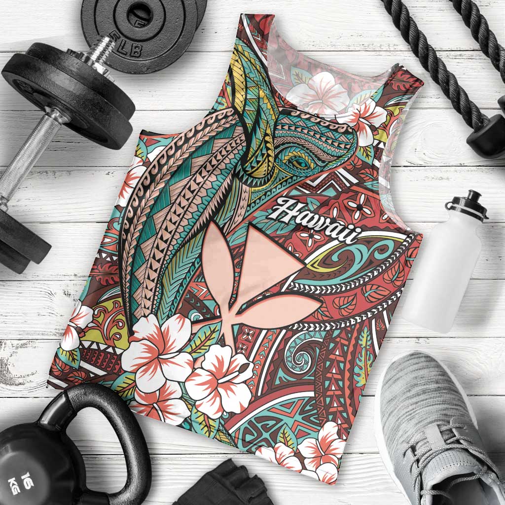 Personalised Hawaii Tribal Humpback Whale Men Tank Top Ulaula Hibiscus Seamless Pattern