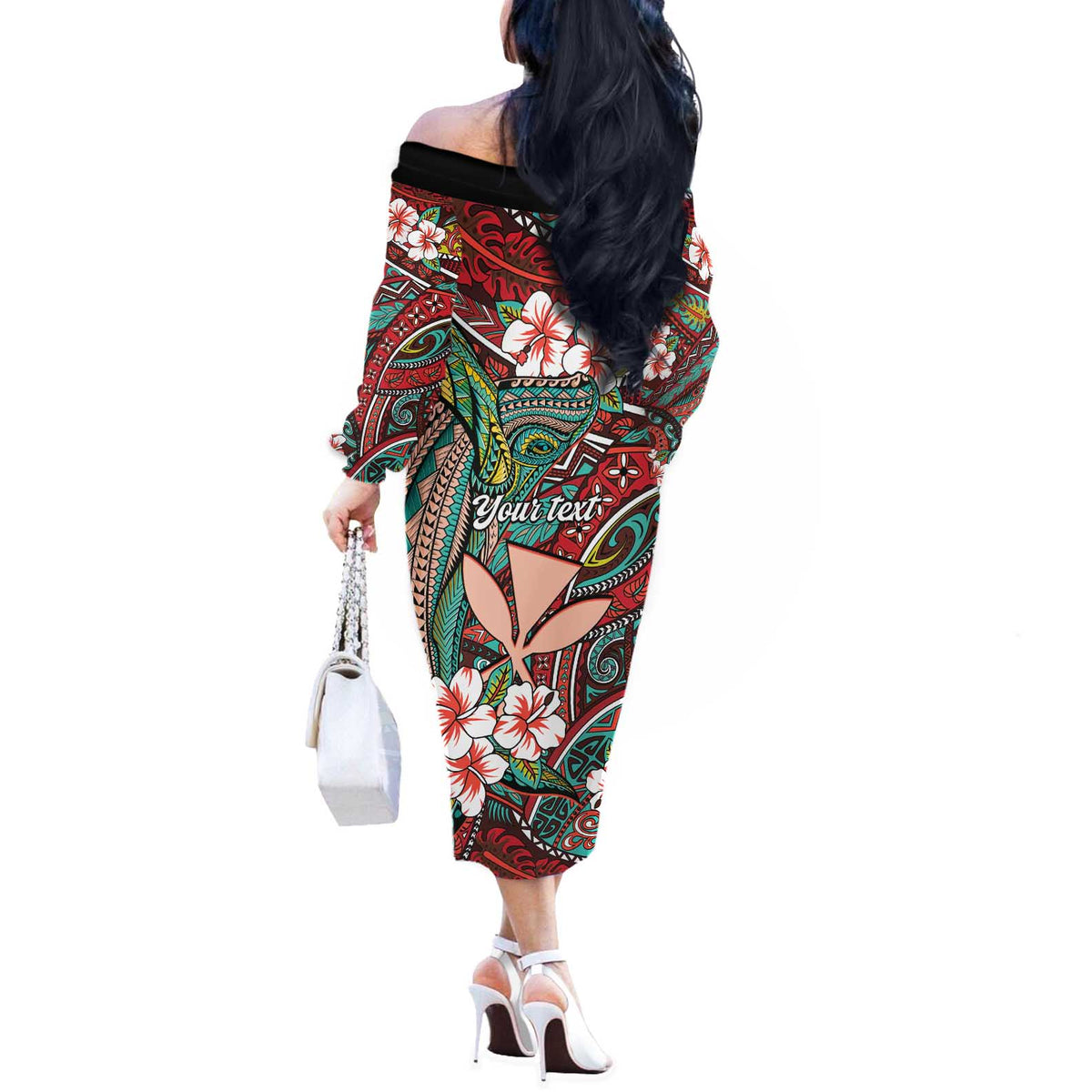Personalised Hawaii Tribal Humpback Whale Off The Shoulder Long Sleeve Dress Ulaula Hibiscus Seamless Pattern