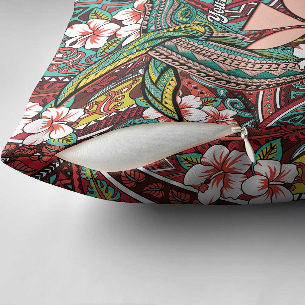 Personalised Hawaii Tribal Humpback Whale Pillow Cover Ulaula Hibiscus Seamless Pattern