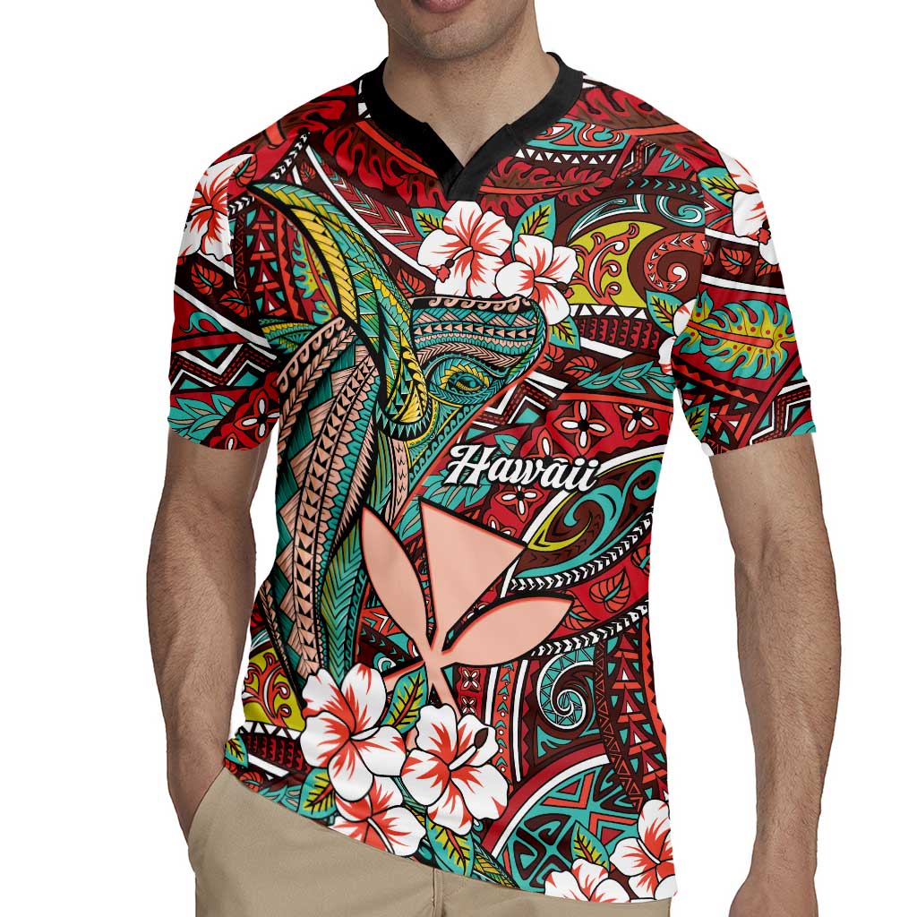 Personalised Hawaii Tribal Humpback Whale Rugby Jersey Ulaula Hibiscus Seamless Pattern