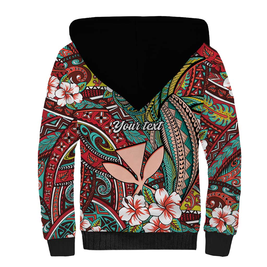 Personalised Hawaii Tribal Humpback Whale Sherpa Hoodie Ulaula Hibiscus Seamless Pattern LT9 - Polynesian Pride