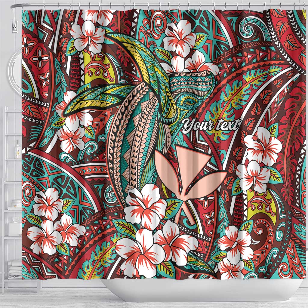 Personalised Hawaii Tribal Humpback Whale Shower Curtain Ulaula Hibiscus Seamless Pattern