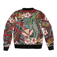 Personalised Hawaii Tribal Humpback Whale Sleeve Zip Bomber Jacket Ulaula Hibiscus Seamless Pattern