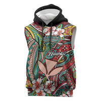 Personalised Hawaii Tribal Humpback Whale Sleeveless Hoodie Ulaula Hibiscus Seamless Pattern LT9 Red - Polynesian Pride