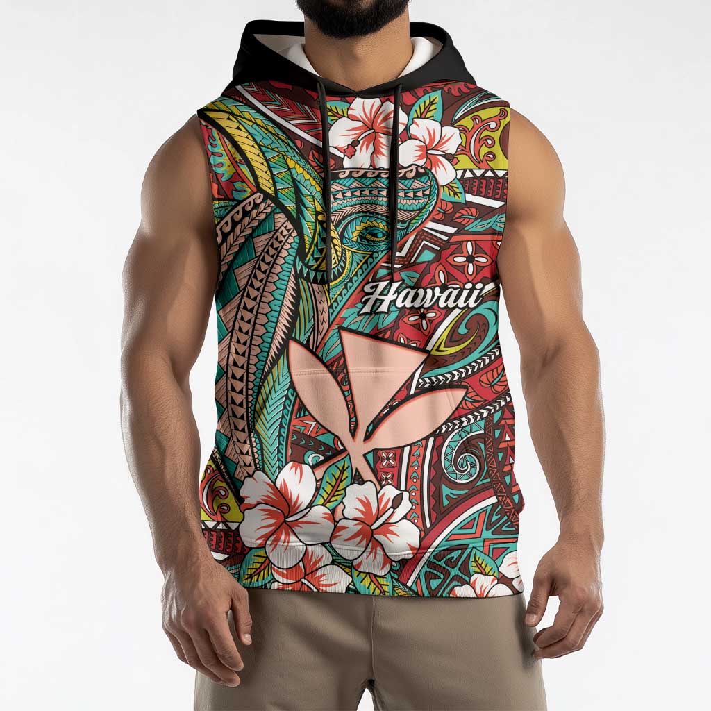 Personalised Hawaii Tribal Humpback Whale Sleeveless Hoodie Ulaula Hibiscus Seamless Pattern LT9 - Polynesian Pride