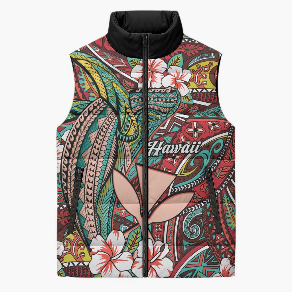 Personalised Hawaii Tribal Humpback Whale Sleeveless Puffer Jacket Ulaula Hibiscus Seamless Pattern
