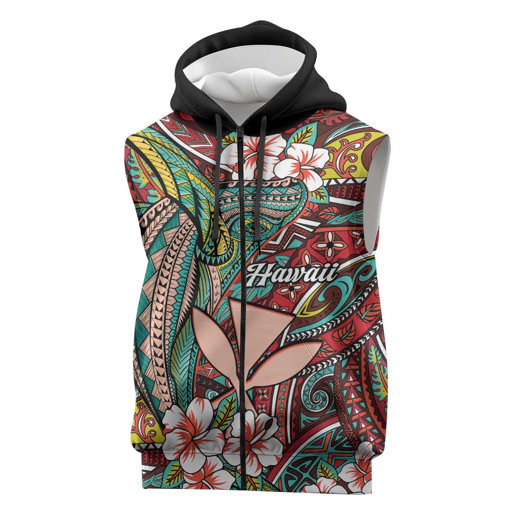 Personalised Hawaii Tribal Humpback Whale Sleeveless Zip Hoodie Ulaula Hibiscus Seamless Pattern