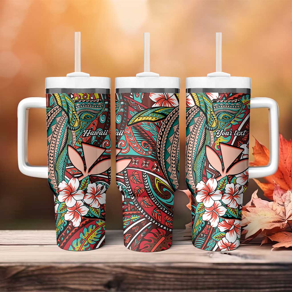 Personalised Hawaii Tribal Humpback Whale Tumbler With Handle Ulaula Hibiscus Seamless Pattern