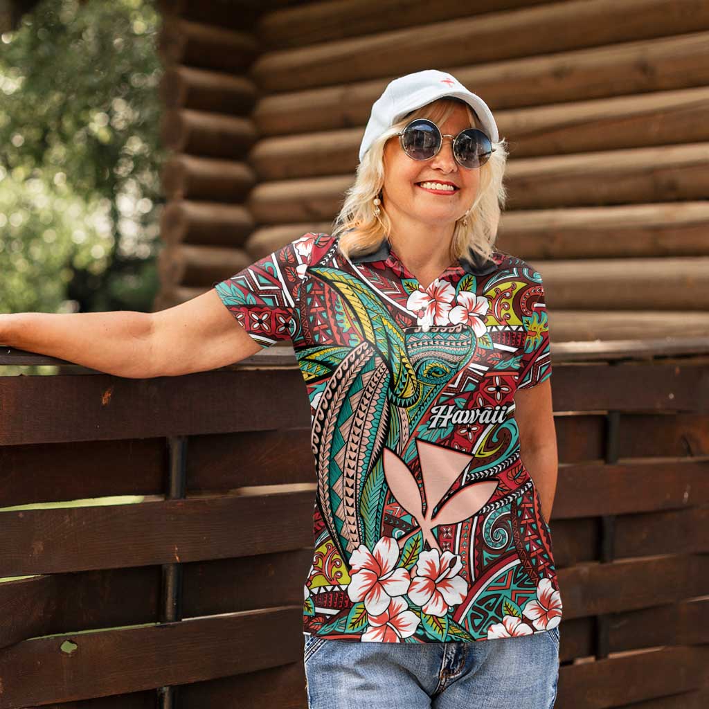 Personalised Hawaii Tribal Humpback Whale Women Polo Shirt Ulaula Hibiscus Seamless Pattern