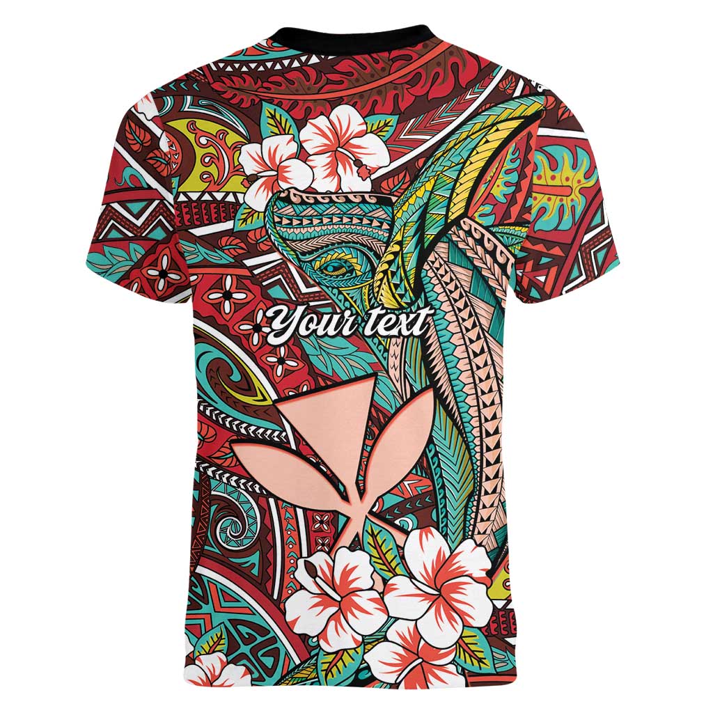 Personalised Hawaii Tribal Humpback Whale Women V-Neck T-Shirt Ulaula Hibiscus Seamless Pattern