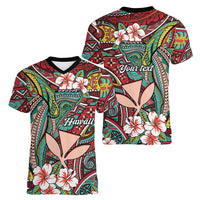 Personalised Hawaii Tribal Humpback Whale Women V-Neck T-Shirt Ulaula Hibiscus Seamless Pattern