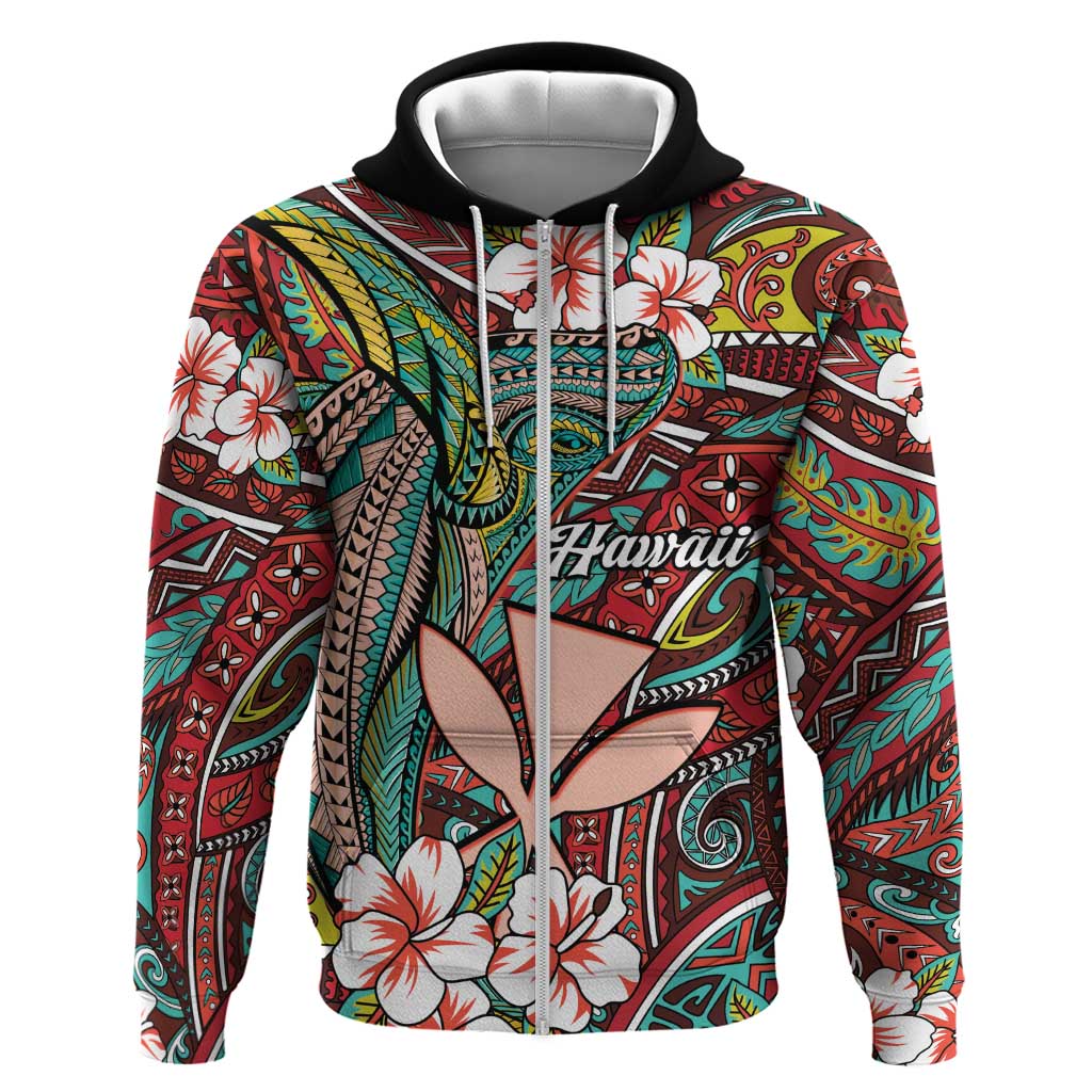 Personalised Hawaii Tribal Humpback Whale Zip Hoodie Ulaula Hibiscus Seamless Pattern