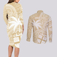 Custom Indo Fijians Couples Matching Long Sleeve Bodycon Dress and Long Sleeve Button Shirt Fiji ke Hindustani Polyneisan Paisley Beige Style