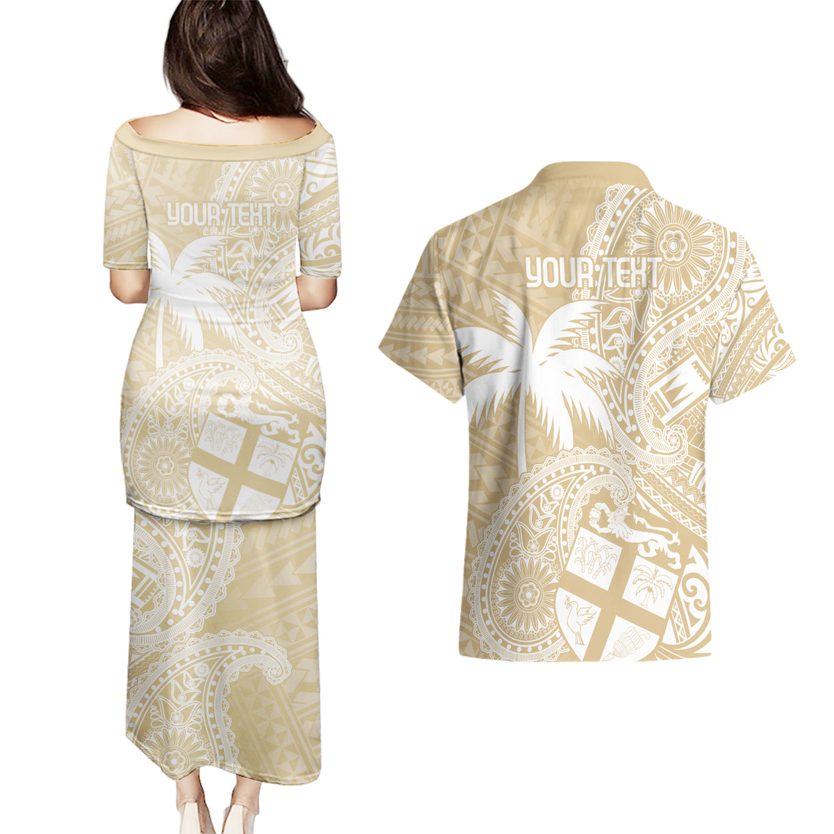 Custom Indo Fijians Couples Matching Puletasi and Hawaiian Shirt Fiji ke Hindustani Polyneisan Paisley Beige Style