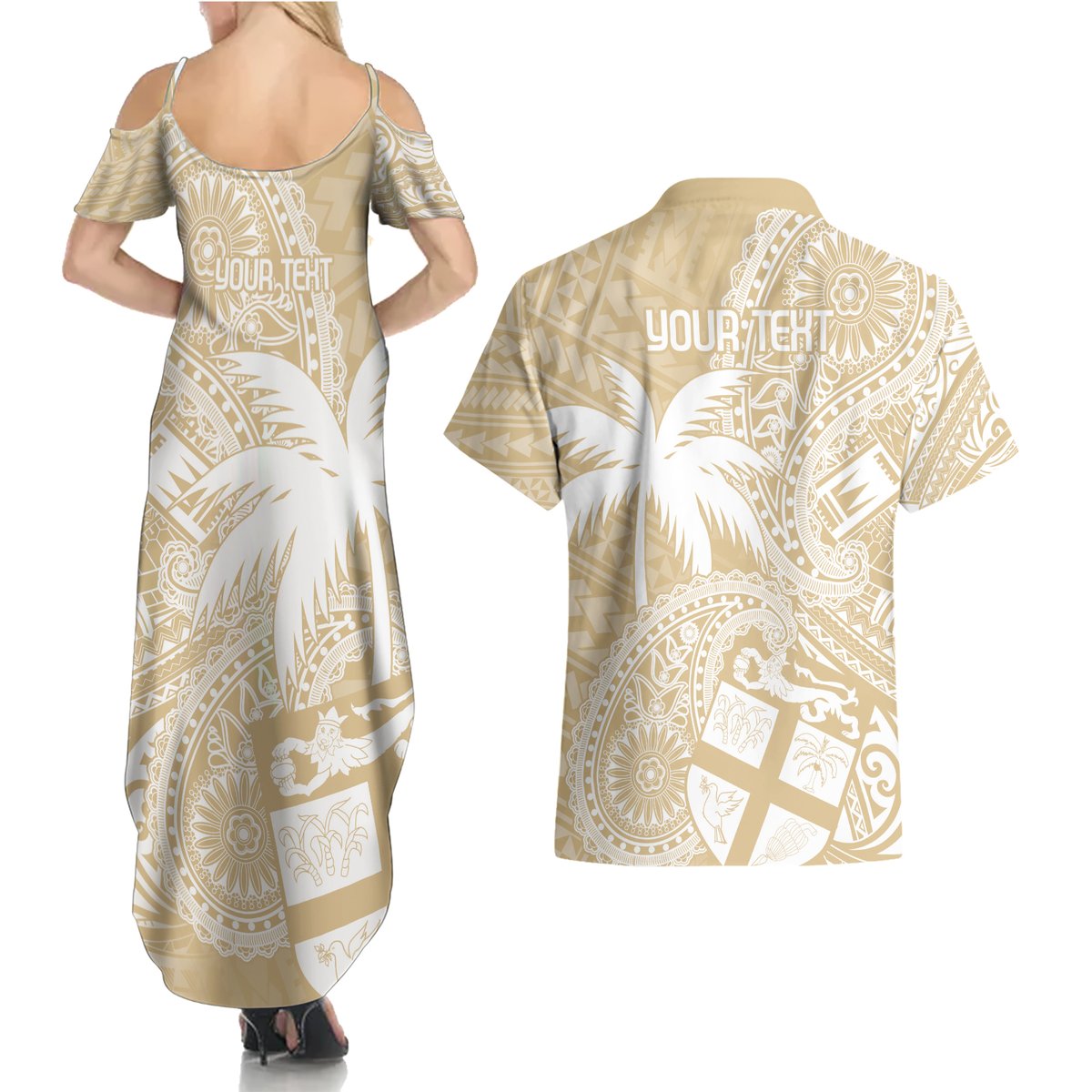 Custom Indo Fijians Couples Matching Summer Maxi Dress and Hawaiian Shirt Fiji ke Hindustani Polyneisan Paisley Beige Style