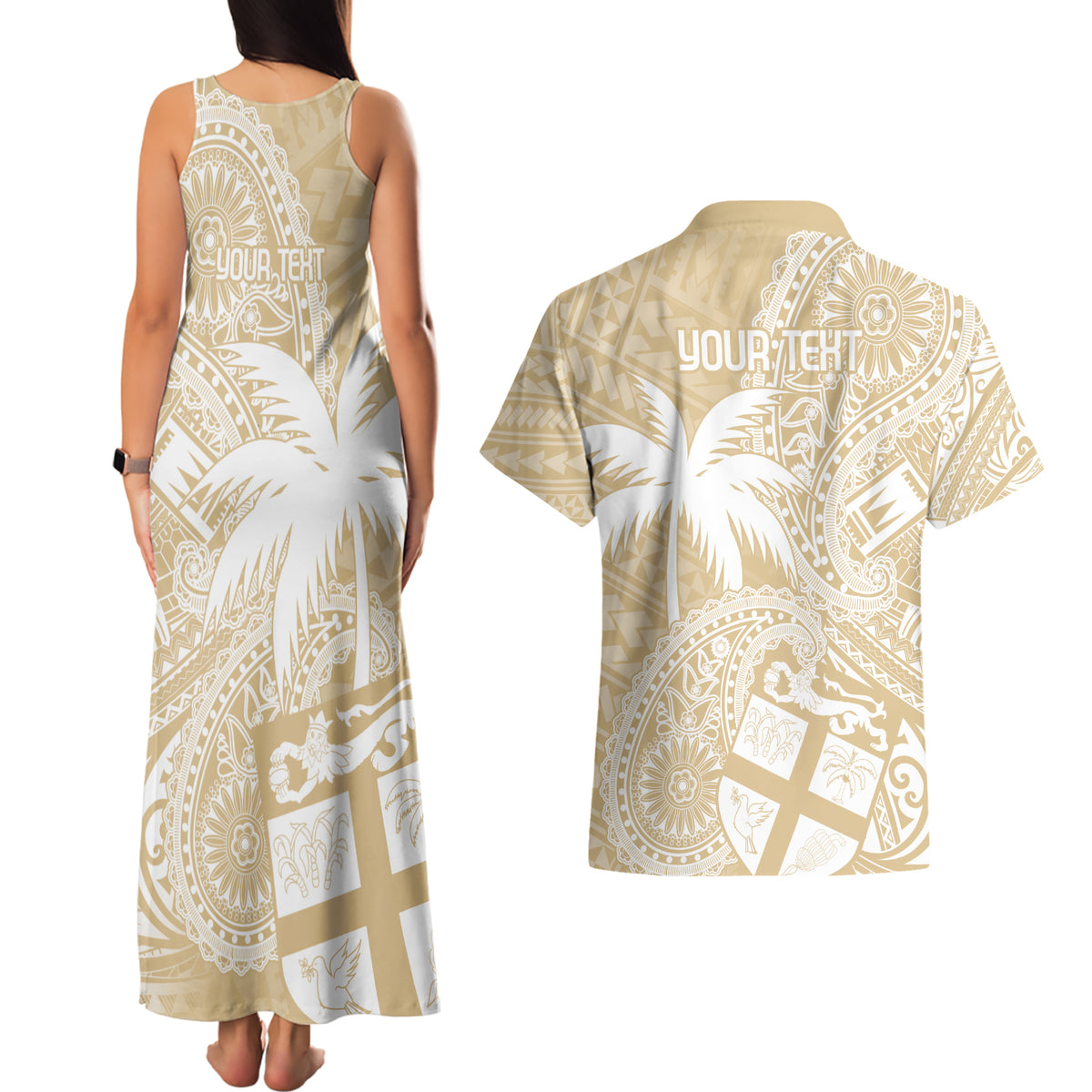 Custom Indo Fijians Couples Matching Tank Maxi Dress and Hawaiian Shirt Fiji ke Hindustani Polyneisan Paisley Beige Style