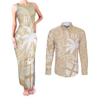 Custom Indo Fijians Couples Matching Tank Maxi Dress and Long Sleeve Button Shirt Fiji ke Hindustani Polyneisan Paisley Beige Style