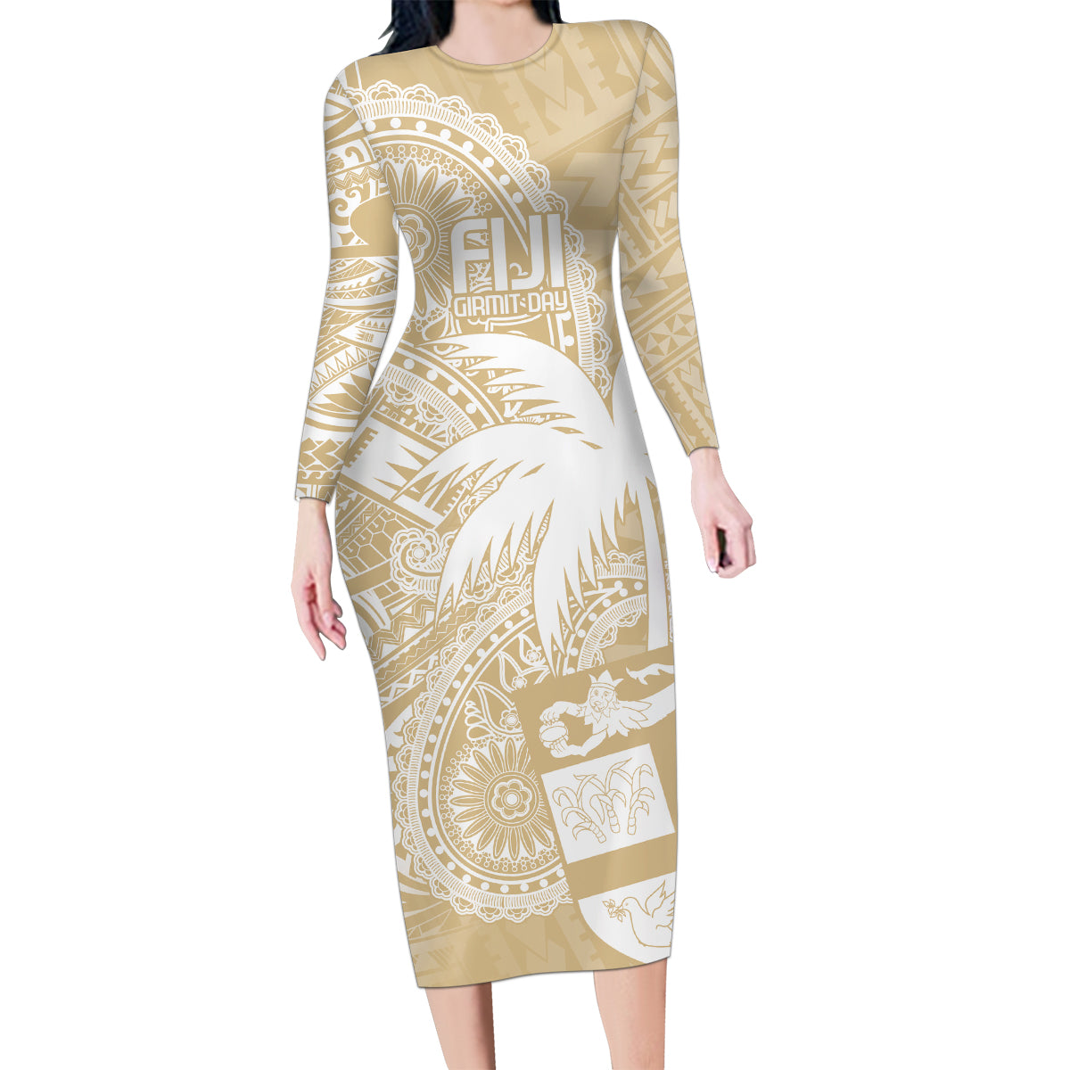 Custom Indo Fijians Family Matching Long Sleeve Bodycon Dress and Hawaiian Shirt Fiji ke Hindustani Polyneisan Paisley Beige Style