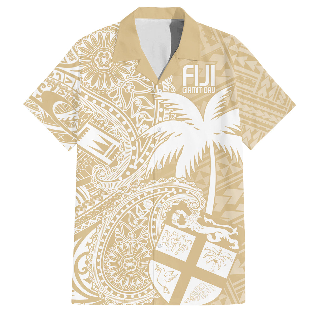 Custom Indo Fijians Family Matching Off The Shoulder Long Sleeve Dress and Hawaiian Shirt Fiji ke Hindustani Polyneisan Paisley Beige Style