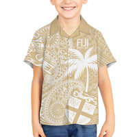 Custom Indo Fijians Family Matching Off The Shoulder Long Sleeve Dress and Hawaiian Shirt Fiji ke Hindustani Polyneisan Paisley Beige Style