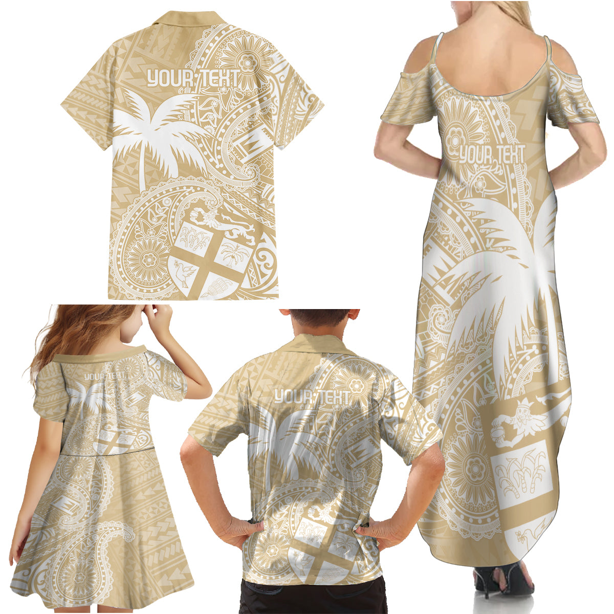 Custom Indo Fijians Family Matching Summer Maxi Dress and Hawaiian Shirt Fiji ke Hindustani Polyneisan Paisley Beige Style