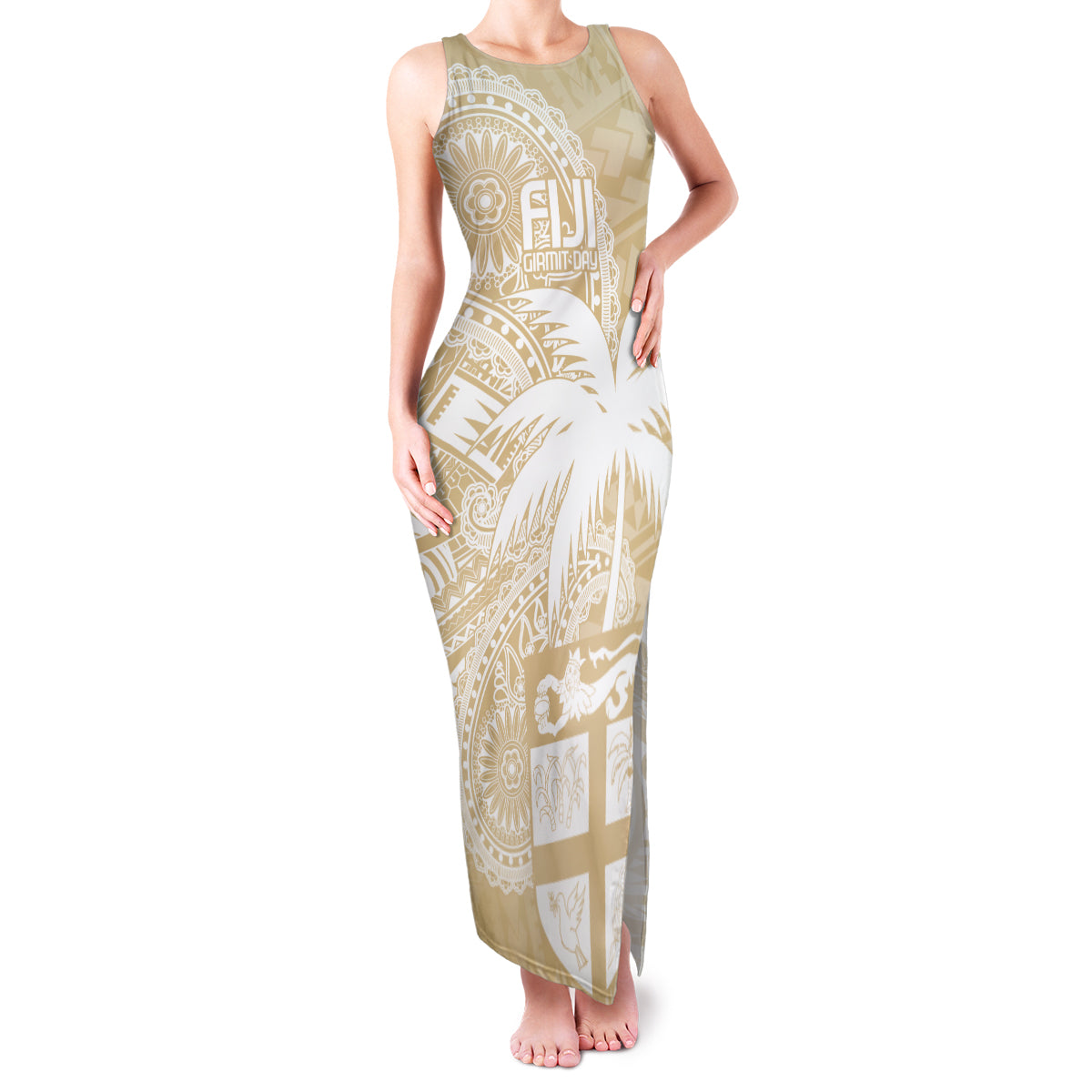 Custom Indo Fijians Family Matching Tank Maxi Dress and Hawaiian Shirt Fiji ke Hindustani Polyneisan Paisley Beige Style