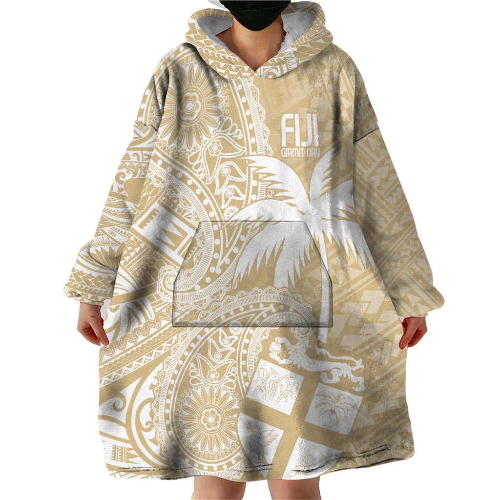 Custom Indo Fijians Wearable Blanket Hoodie Fiji ke Hindustani Polyneisan Paisley Beige Style