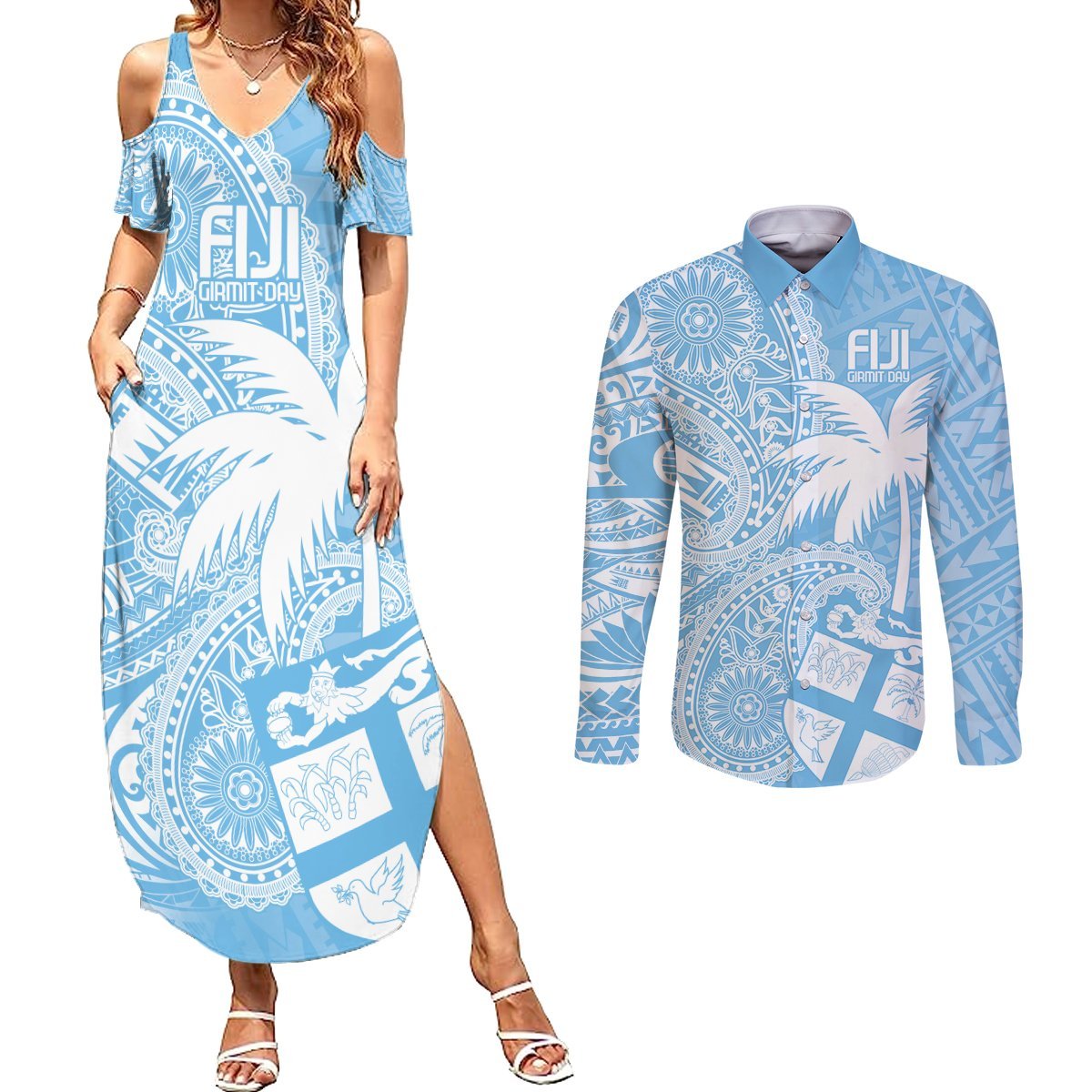 Custom Indo Fijians Couples Matching Summer Maxi Dress and Long Sleeve Button Shirt Fiji ke Hindustani Polyneisan Paisley Blue Style LT9 Blue - Polynesian Pride