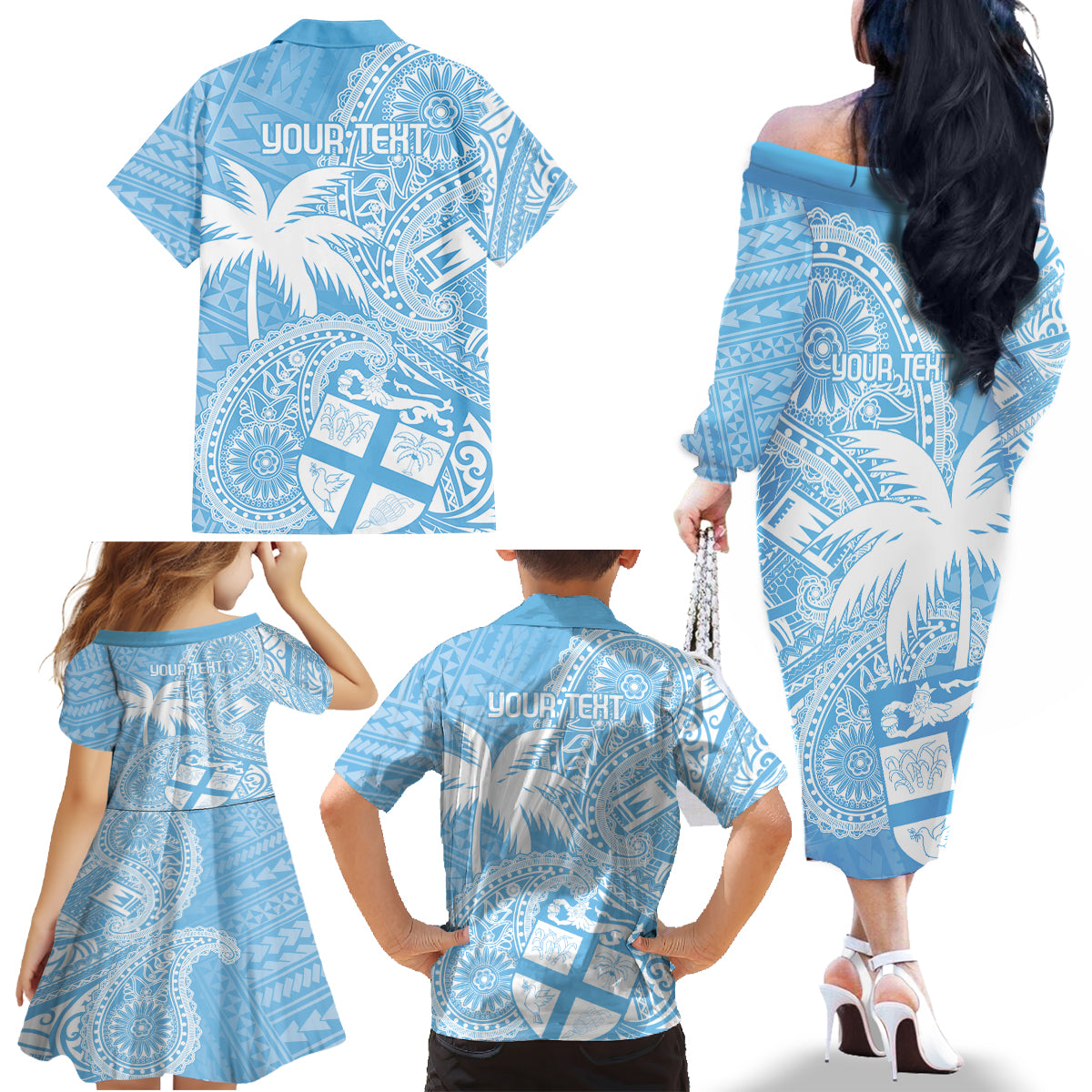 Custom Indo Fijians Family Matching Off The Shoulder Long Sleeve Dress and Hawaiian Shirt Fiji ke Hindustani Polyneisan Paisley Blue Style