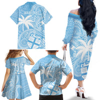 Custom Indo Fijians Family Matching Off The Shoulder Long Sleeve Dress and Hawaiian Shirt Fiji ke Hindustani Polyneisan Paisley Blue Style