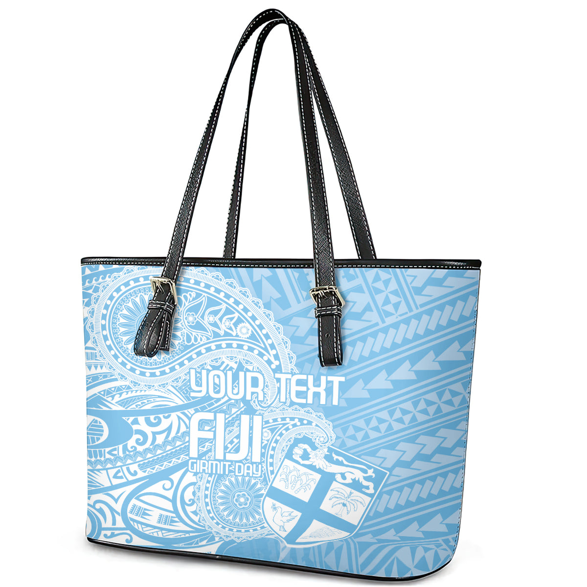 Custom Indo Fijians Leather Tote Bag Fiji ke Hindustani Polyneisan Paisley Blue Style