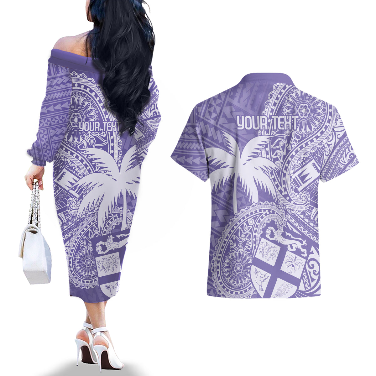 Custom Indo Fijians Couples Matching Off The Shoulder Long Sleeve Dress and Hawaiian Shirt Fiji ke Hindustani Polyneisan Paisley Purple Style