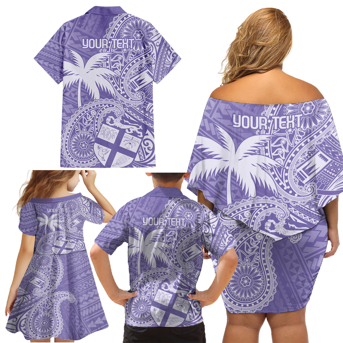 Custom Indo Fijians Family Matching Off Shoulder Short Dress and Hawaiian Shirt Fiji ke Hindustani Polyneisan Paisley Purple Style