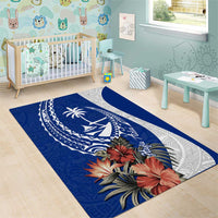 Blue Guam Hafa Adai Area Rug Tropical Flowers with Polynesian Pattern