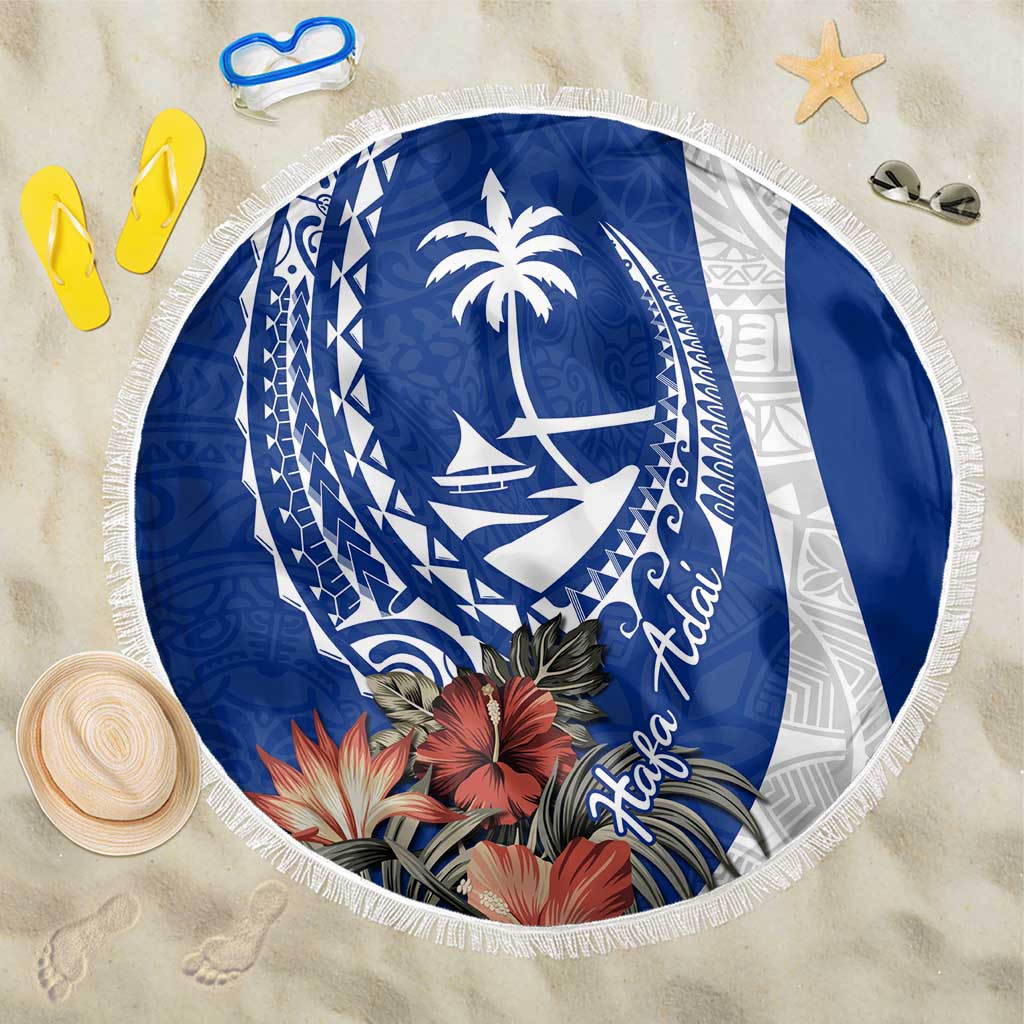 Blue Guam Hafa Adai Beach Blanket Tropical Flowers with Polynesian Pattern