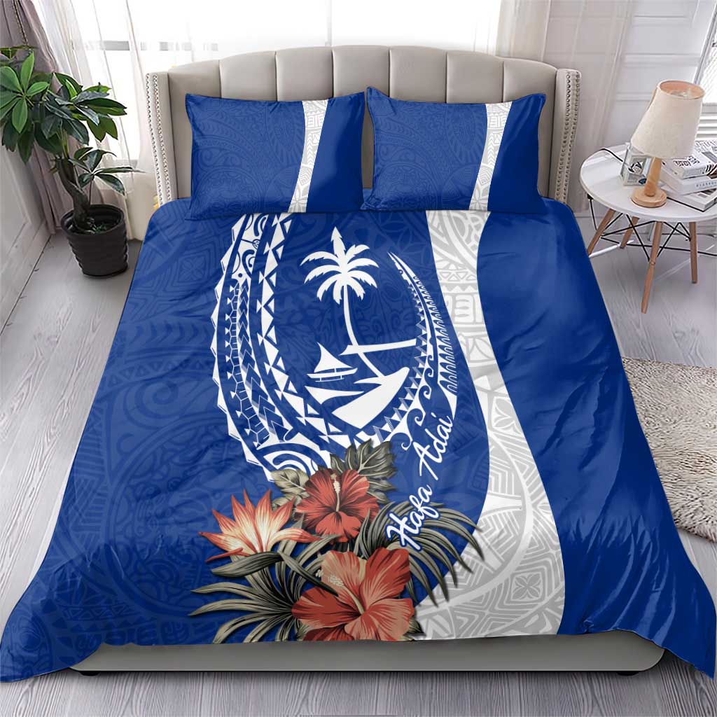 Blue Guam Hafa Adai Bedding Set Tropical Flowers with Polynesian Pattern