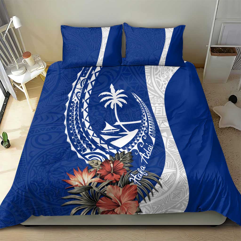 Blue Guam Hafa Adai Bedding Set Tropical Flowers with Polynesian Pattern