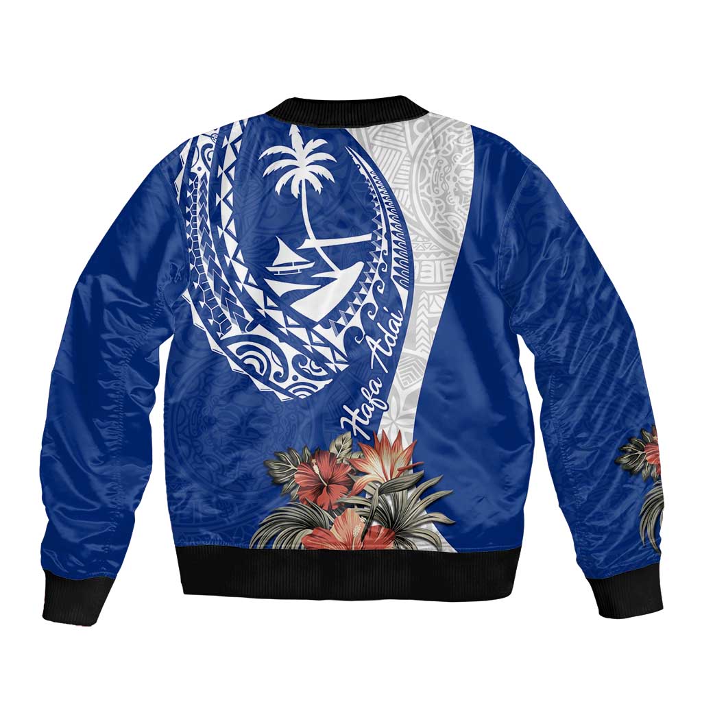 Blue Guam Hafa Adai Bomber Jacket Tropical Flowers with Polynesian Pattern