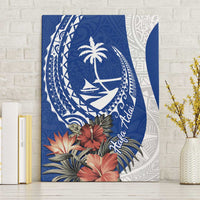 Blue Guam Hafa Adai Canvas Wall Art Tropical Flowers with Polynesian Pattern